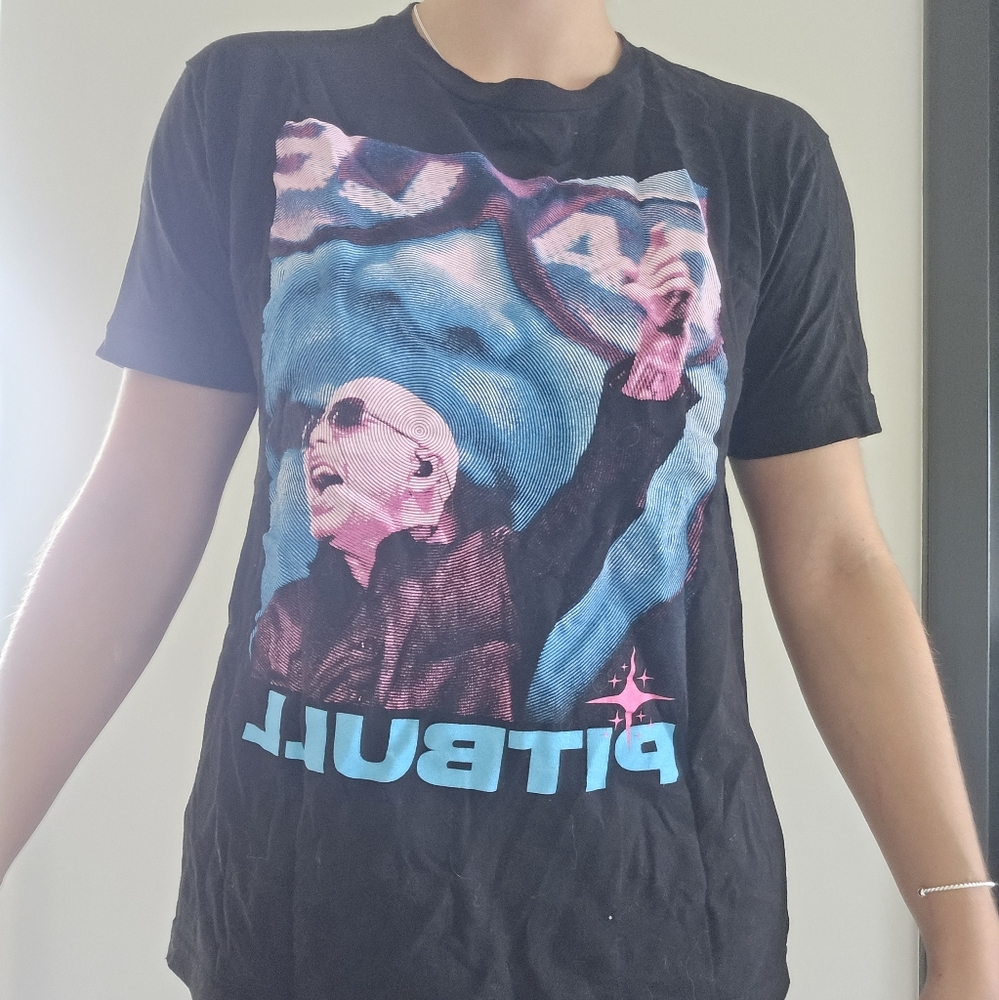 Black Graphic T-Shirt with Blue and Pink Design Pitbull